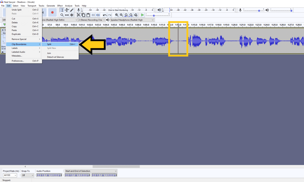 how to split audio in audacity