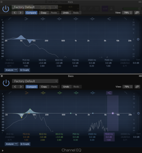 apply the opposite EQ changes to the bass track