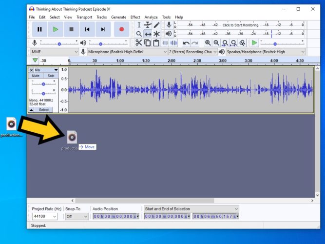 drag and drop audio file into the open audacity project