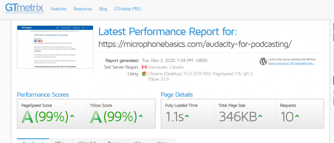 GTmetrix latest performance report