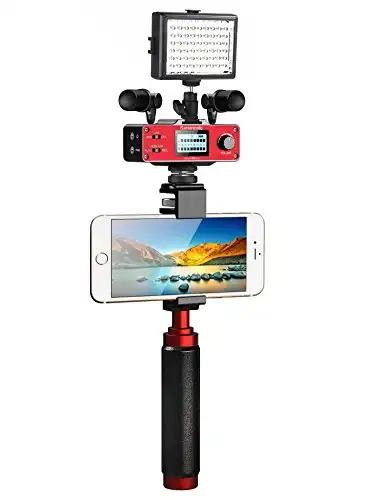 Movo Ultimate Smartphone Video Kit with Dual Stereo Microphones, Audio Mixer, LED Light and Stabilizing Rig for iPhone 6, 6S, 7, 8, X, XS, XS, 11, 11 Pro - Perfect YouTube Equipment for Vlogging