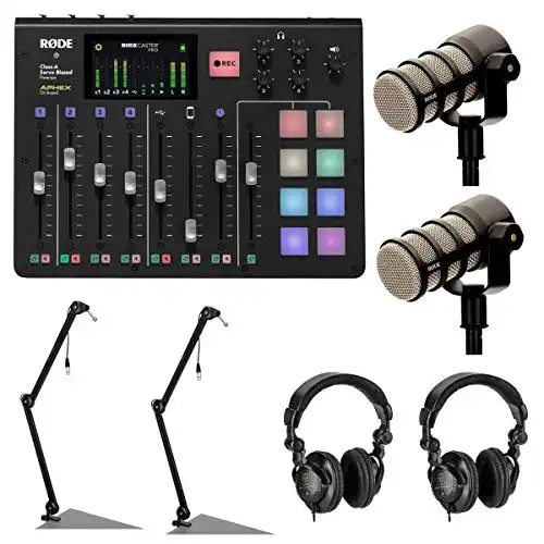 Rode Microphones RODECaster Pro Integrated Podcast Production Console - Bundle With, 2x Rode PodMic Dynamic Podcasting Microphone - 2x Microphone Broadcast Arm with XLR Cable - 2x Pro Monitor Headphon...